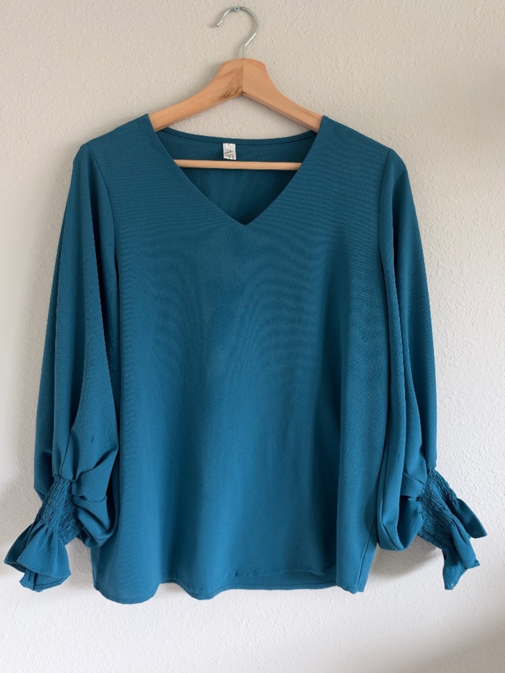Teal Blue V Neck Blouse Balloon Sleeves Smocked Ruffle Cuffs Size S